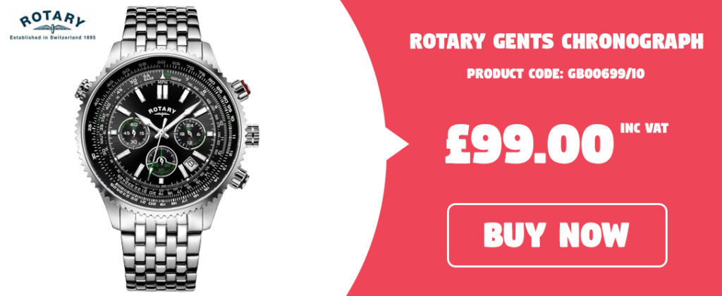 ROTARY GENTS CHRONOGRAPH STEEL BRACELET, BLACK DIAL