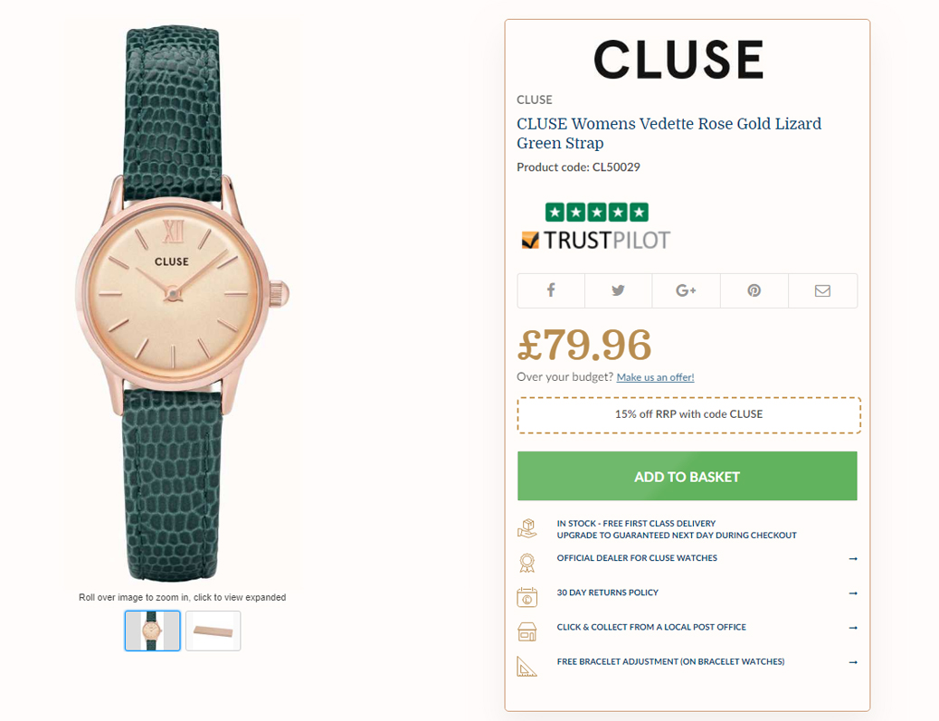 CLUSE Womens Vedette Rose Gold Lizard Green Strap - First Class Watches Blog