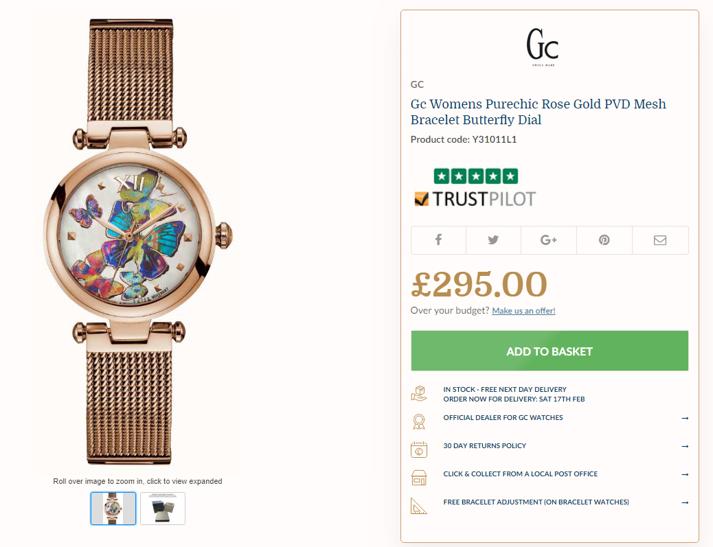 Gc Womens Purechic Rose Gold PVD Mesh Bracelet Butterfly Dial