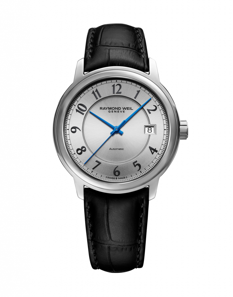 silver dial and black leather strap