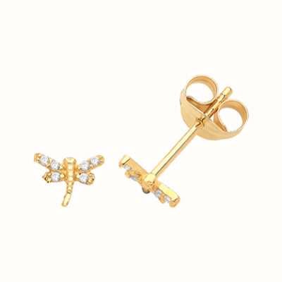 James Moore TH 9ct Yellow Gold Cubic Zirconia Dragon Fly Studs ES723