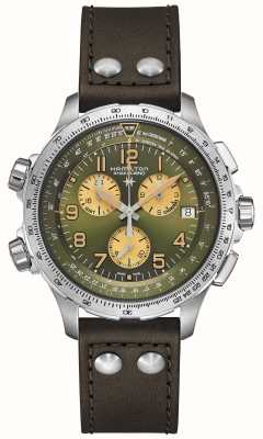 Hamilton Khaki Aviation X-Wind GMT Chronograph Quartz (46mm) Green Dial / Brown Leather Strap H77932560