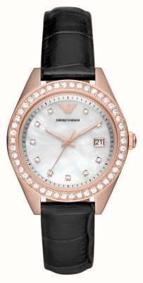 Emporio Armani Women's | Mother-of-Pearl Dial | Crystal Set | Black Leather Strap AR11505