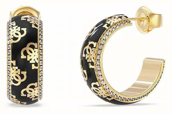 Guess Ladies Black 4G Logo Gold Plated Hoop Earrings UBE02278YGBK