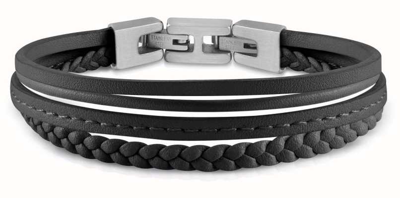 Guess Mens Black Leather Stainless Steal Bracelet UMB01345STBK