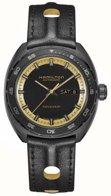 Hamilton American Classic Pan Europ Day-Date Automatic Black & Gold Capsule (42mm) Black Dial / Black Leather H35425730