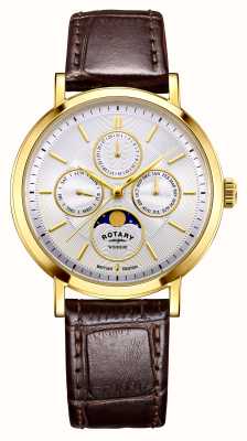 Rotary Windsor | Moonphase | Silver Dial | Gold PVD | Brown Leather Strap GS05428/06