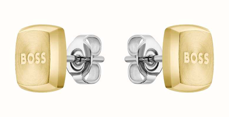 BOSS Jewellery Men's Yann Stud Earrings | Gold IP Stainless Steel | Logo Detail 1580475