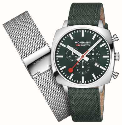 Mondaine SBB Grand Cushion Chronograph (41mm) Green Dial / Green Recycled Textile and Steel Mesh Set MSL.41460.LF.SET
