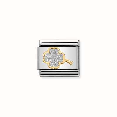 Nomination Composable Classic GLITTER SYMBOLS FOUR LEAF CLOVER in Steel with Enamel and Bonded Yellow Gold 030220/03