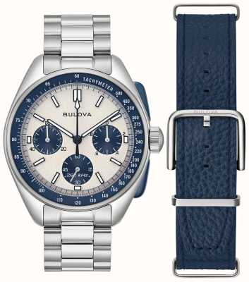 Bulova Men's Heritage Lunar Pilot Chronograph Set | White Dial | Stainless Steel Blue Leather Straps 98K112