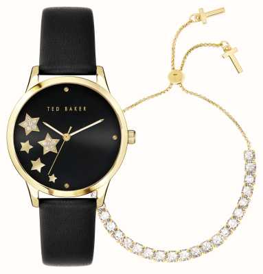 Ted Baker Women's Starlit Gift Set Black Dial Black Leather Strap Watch Matching Gold-Tone Bracelet BKGFW2217