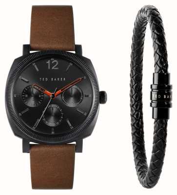 Ted Baker Men's Caine Gift Set Black Dial Brown Leather Strap Watch Matching Black Leather Bracelet BKGFW2221