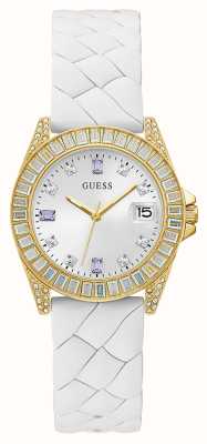 Guess Women's Silver Crystal Dial White Braided Silicone Strap GW0585L2