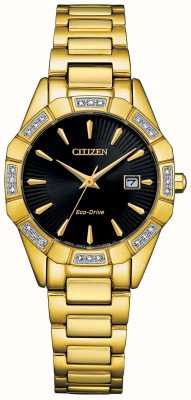 Citizen Women's Diamond Eco-Drive Black Dial Gold Tone Stainless Steel Bracelet EW2652-55E
