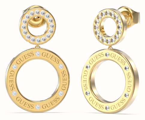 Guess Gold Plated 32mm Logo Crystal-Set Drop Earrings UBE03169JWYGT/U