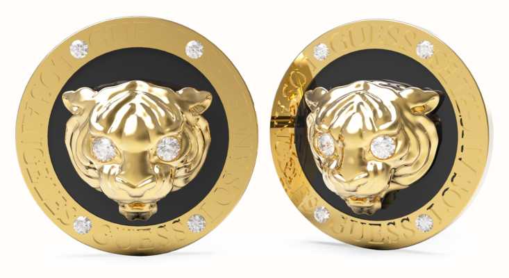 Guess Gold Plated 13mm Black Coin Stud Earrings UBE01360JWYGBKT/U