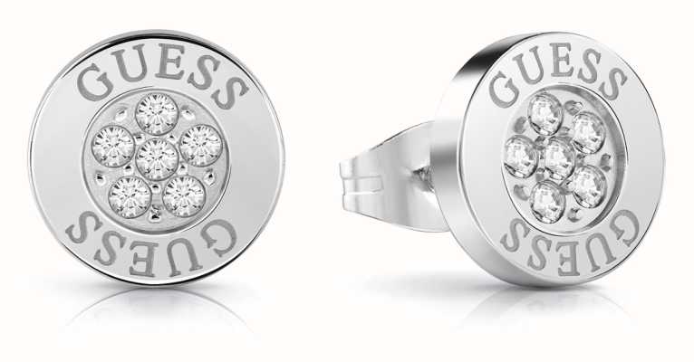 Guess Rhodium Plated Crystal-Set 10mm Logo Button Stud Earrings JUBE02158JWRHT/U