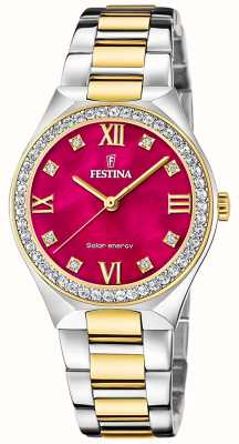 Festina Women's Solar Energy (35mm) Red Mother-of-Pearl Dial / Two Tone Stainless Steel Bracelet F20659/3