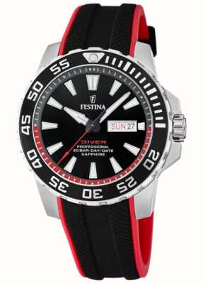 Festina Men's Diver (45mm) Black Dial / Black and Red Rubber Strap F20662/3
