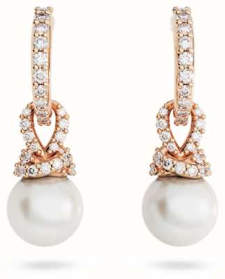 Swarovski Originally Drop Hoop Earrings Rose Gold-Tone Plated Pearl White Crystals 5669524