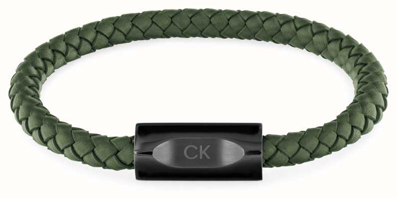 Calvin Klein Bold Leather Braided Green Leather Black Stainless Steel Bracelet 35000572