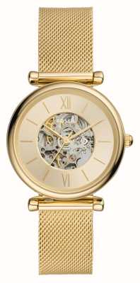 Fossil Carlie Automatic (35mm) Gold Cut-Out Dial / Gold-Tone Steel Mesh Bracelet ME3250