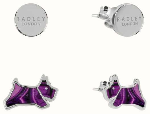 Radley Jewellery Silver Plated Round Disc and Purple Malachite Coloured Resin Jumping Dog Twin Set RYJ1385S