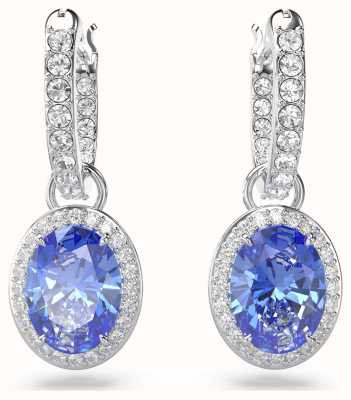 Swarovski Constella Drop Hoop Earrings Rhodium Plated Blue and White Crystals 5671817