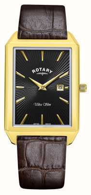 Rotary Men's Ultra Slim (28.5mm) Black Rectangular Dial / Brown Leather Strap GS08023/04