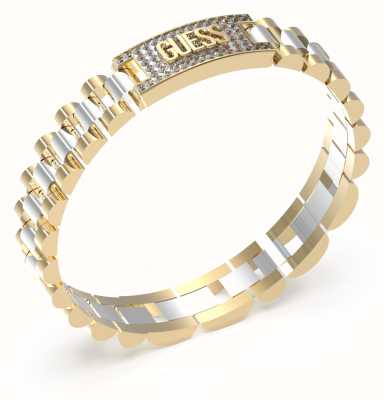 Guess Men's Empire Steel And Gold Plated 10mm Pave Tag Empire Bracelet UMB03200YGST
