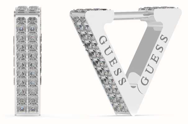 Guess Women's Rhodium Plated 12mm Triangle Pave Huggie Earrings UBE03306RH