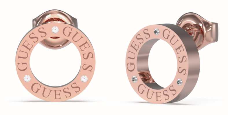Guess Women's Circle Lights Rose Gold Plated 14mm Logo Stud Earrings UBE03173RG