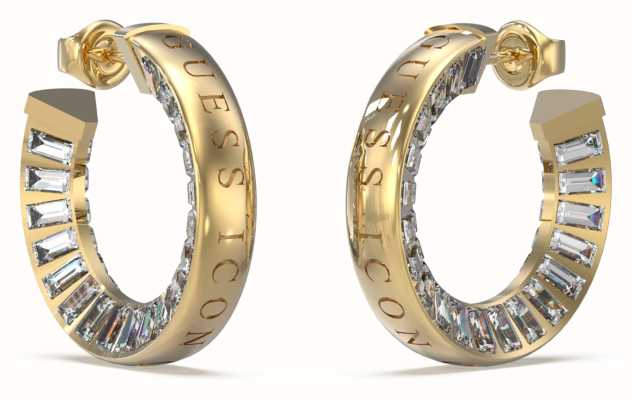 Guess Women's Guess Icon Gold Plated 25mm Baguette Crystal Hoop Earrings UBE03008YG
