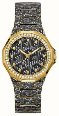 Guess Women's Misfit (38mm) Black Patterned Dial / Black and Gold-Tone Patterned Stainless Steel Bracelet GW0597L1