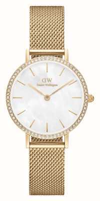 Daniel Wellington Petite Crystal Bezel (28mm) White Mother of Pearl Dial / Evergold PVD Stainless Steel Mesh DW00100662