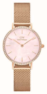 Daniel Wellington Petite Crystal Bezel (28mm) Pink Mother of Pearl Dial / Rose-Gold PVD Stainless Steel Mesh DW00100663