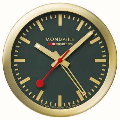 Mondaine SBB Alarm Clock With Sweeping Second Hand (12.5cm) Green Dial / Gold-Tone Aluminium Case A997.MCAL.66SBG.1