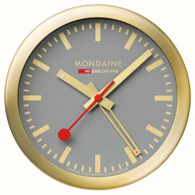 Mondaine SBB Alarm Clock With Sweeping Second Hand (12.5cm) Grey Dial / Gold-Tone Aluminium Case A997.MCAL.86SBG.1