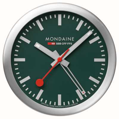 Mondaine SBB Alarm Clock With Sweeping Second Hand (12.5cm) Green Dial / Silver-Tone Aluminium Case A997.MCAL.66SBV.1