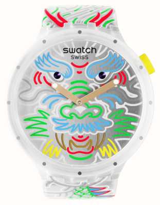 Swatch DRAGON IN CLOUD (47mm) Silver Patterned Dial / Patterned Silicone Strap SB05Z102