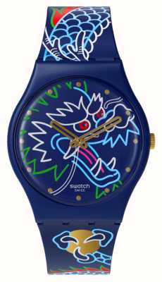 Swatch DRAGON IN WAVES (34mm) Blue Patterned Dial / Blue Patterned Silicone Strap SO28Z125