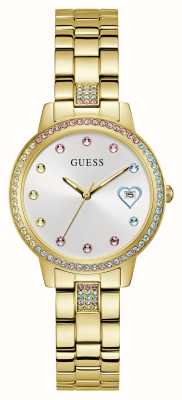 Guess Women's Three of Hearts (34mm) Rainbow Crystal Silver Dial / Gold-Tone Stainless Steel Bracelet GW0657L2