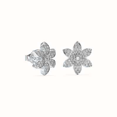 Guess WHITE LOTUS 15mm Pavé Flower Stainless Steel Stud Earrings UBE04145RH