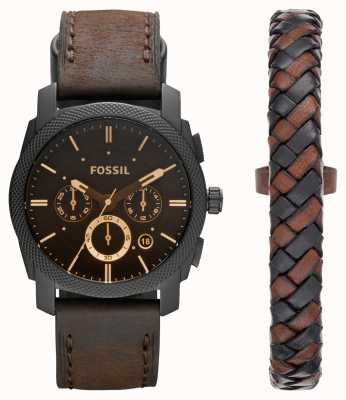 Fossil Men's Gift Set | Black Chronograph Dial | Brown Leather Strap | Leather Bracelet FS5251SET