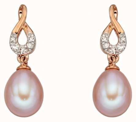 Elements Gold 9ct Rose Gold Pink Freshwater Pearl Pave Diamond Set Earrings GE2230P