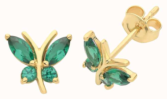 James Moore TH 9ct Gold Green Cz Butterfly Stud Earrings ES1602E