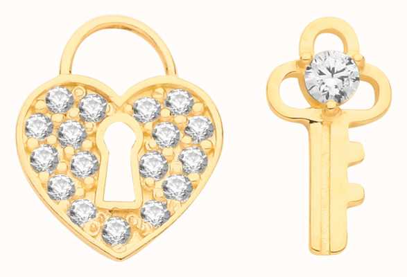 James Moore TH 9ct Gold Cz Heart And Key Mix Match Stud Earrings ES686