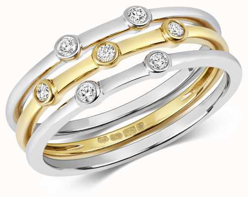 James Moore TH 9ct Gold White Gold X3 Diamond Stack Rings Size N RD199/N