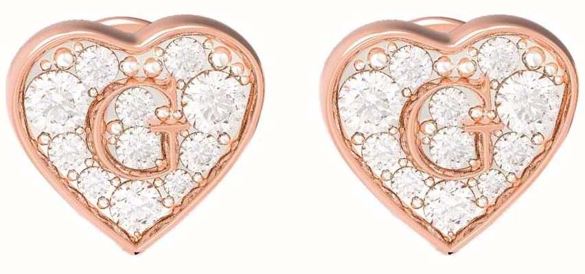 Guess GShine | Crystal Set Rose Gold PVD Heart Stud Earrings UBE79074